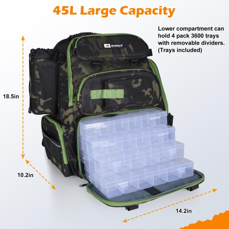 45L Fishing Backpack with 4 Tackle Boxes, Large Fishing Tackle Backpack with Rod