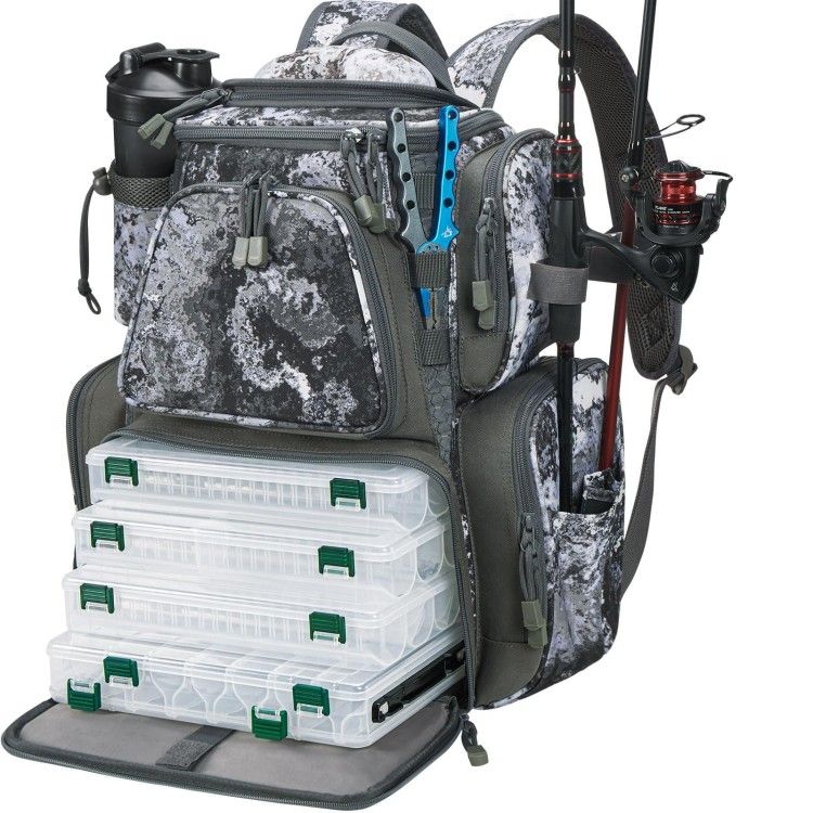 Fishing Tackle Backpack with 4 Trays, Large Outdoor Storage Tackle Bag with Protective Rain Cover for Fishing Gear